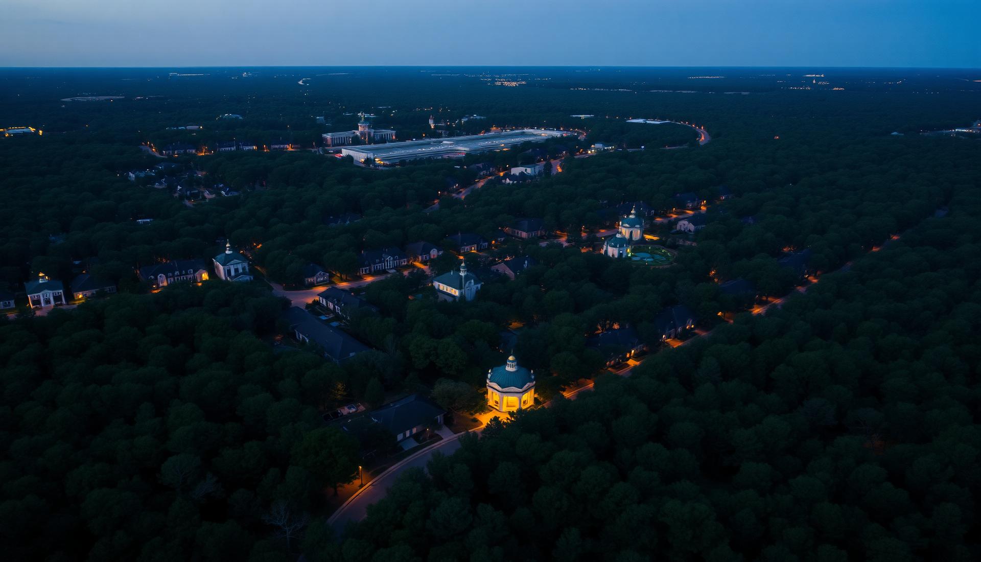 Aerial view of The Woodlands, Texas at dusk